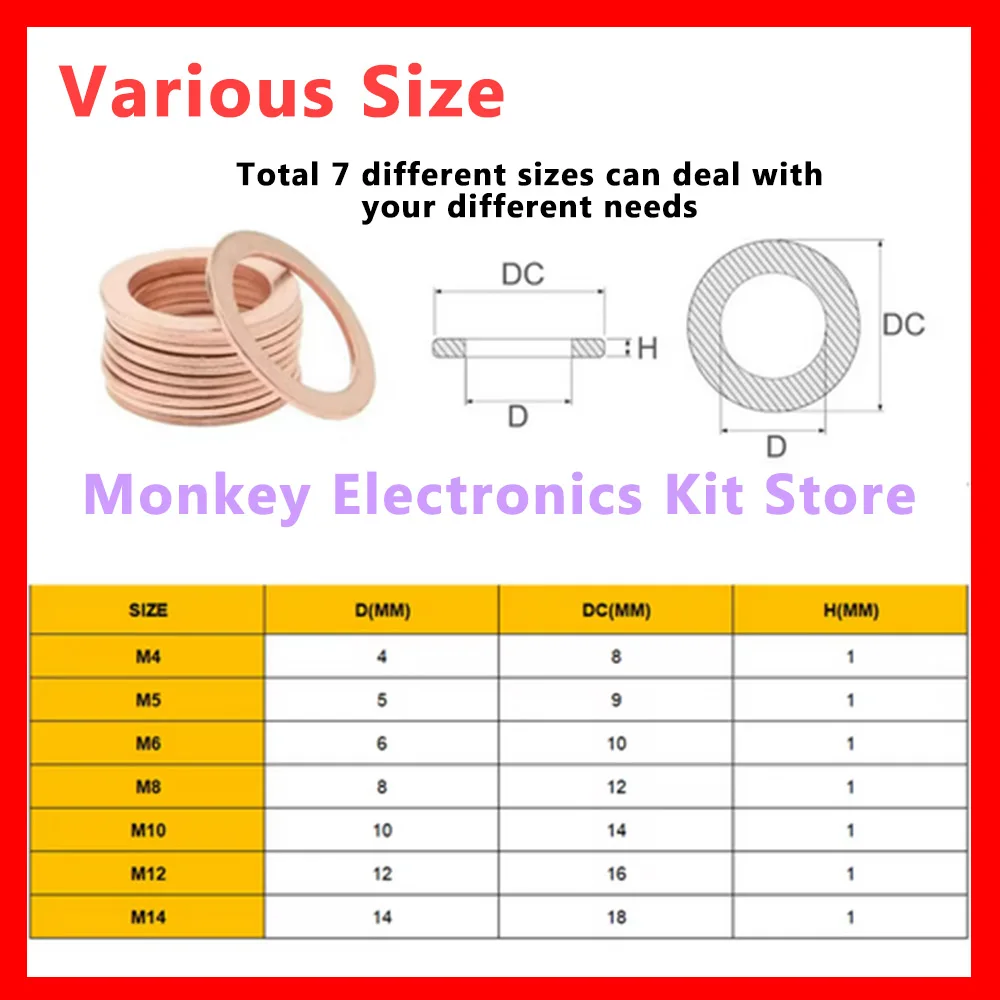 50/100/120/200 Pcs Copper Washer Sealing Gasket Flat Ring Seal Assortment Kit M4 M5 M6 M8 M10 M12 M14 For Sump Plugs image 3
