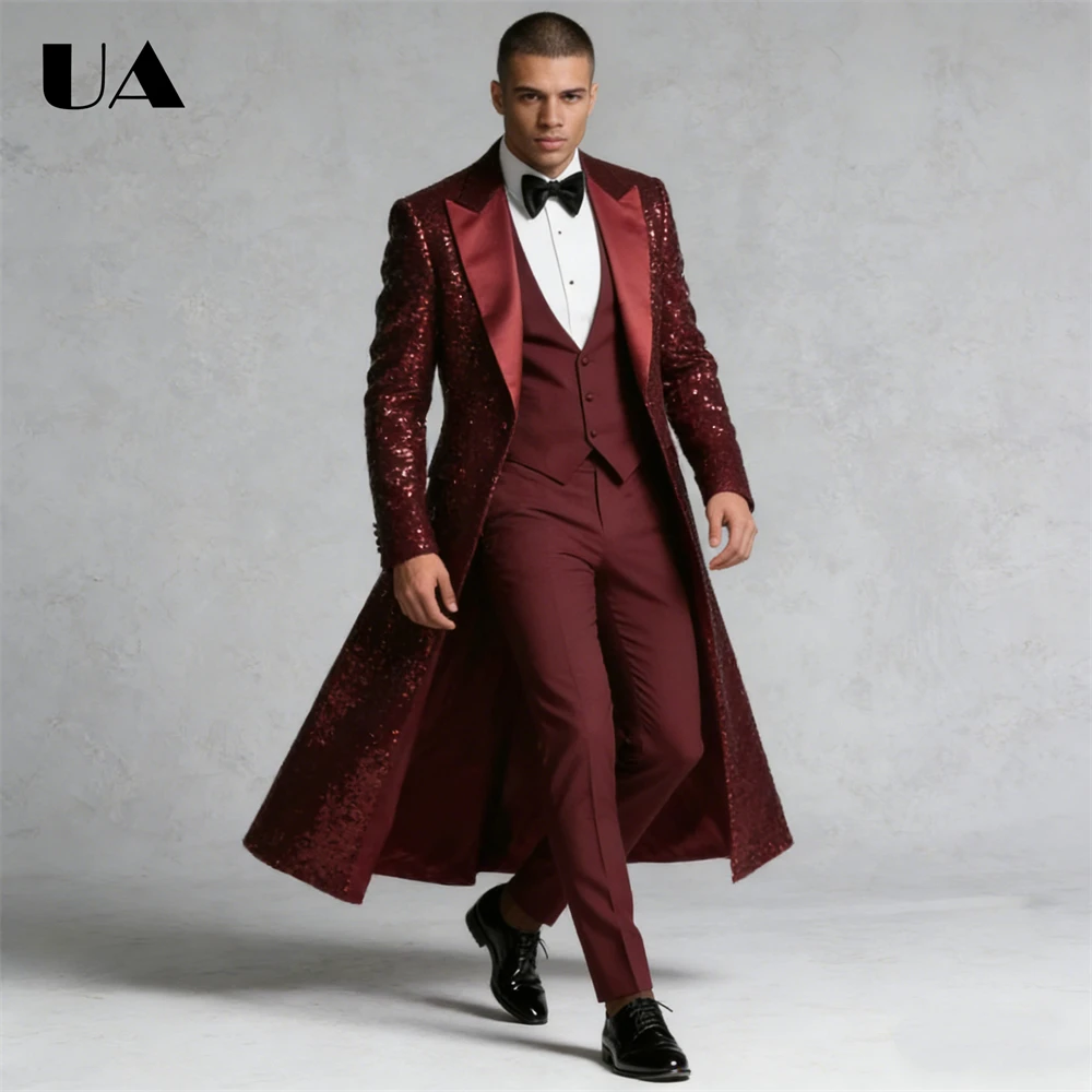 

Burgundy Sequined Suit Set for Men, Shiny Long Suit Coat Vest Pants Costume Stage Performance Suit Attire, Prom Party Dresswear