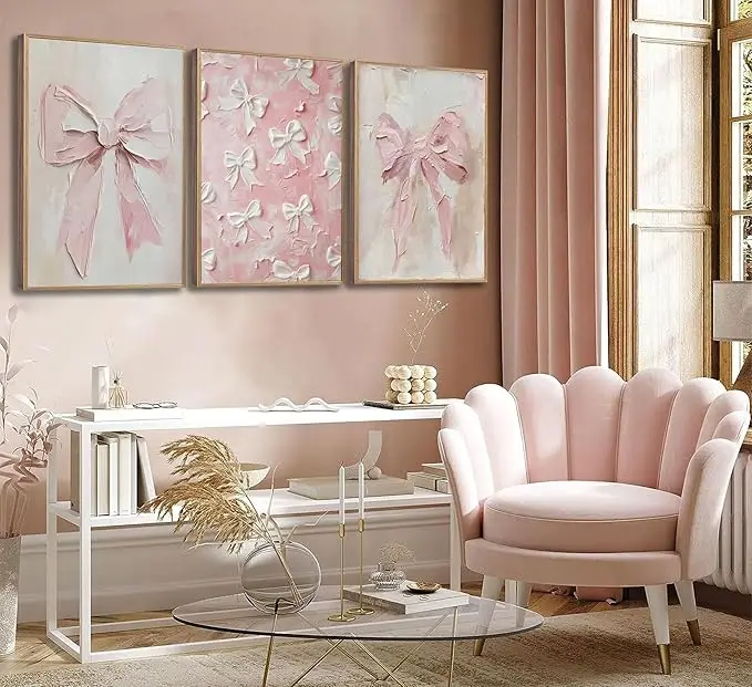 

3pcs Fashionable Pink Bow Canvas Wall Art Retro Cute School Style Picture Wall Decoration Poster, Nordic Bedroom Home Decoration
