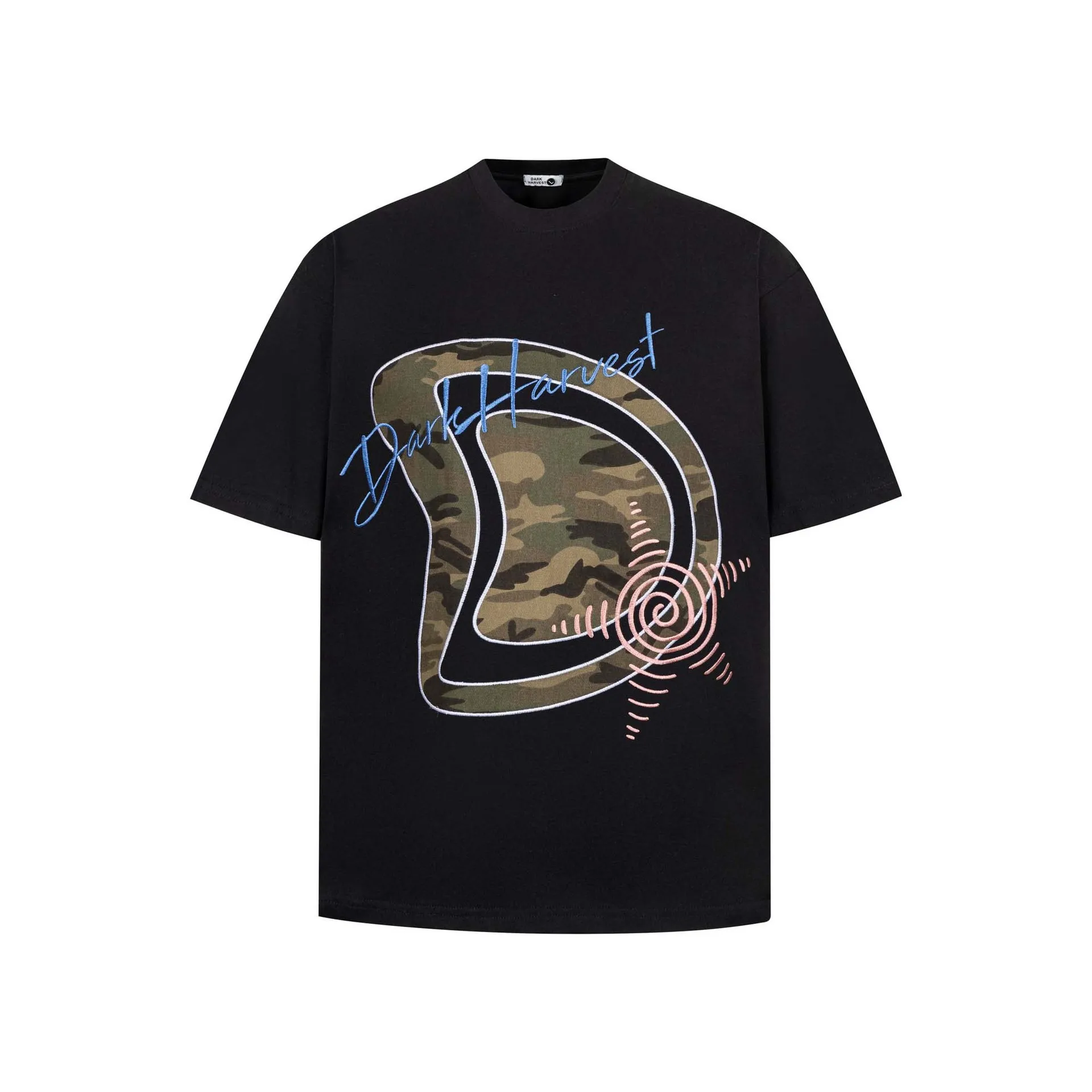 

Men's High Street Embroidered T Shirts Summer Short Sleeve Tees With Camouflage Patchwork Streetwear Oversized Hip Hop Tshirt