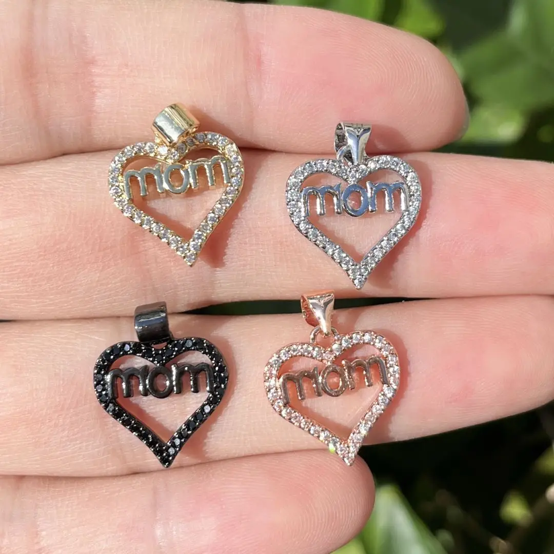 

5Pcs Cubic Zirconia Pave Mom Heart Charms Mothers' Day Pendant for Bracelet Necklace Jewelry Making