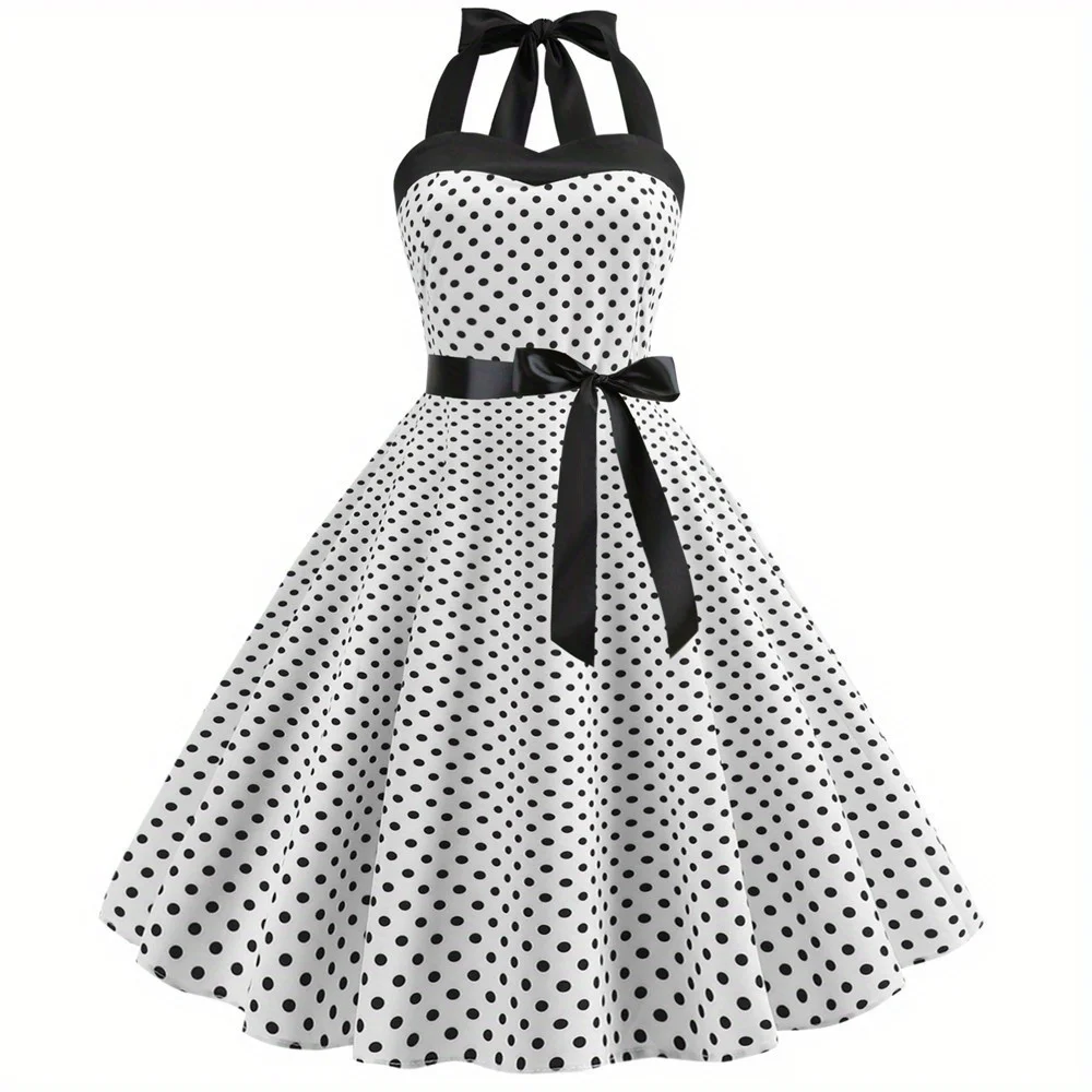 فستان Polka Dot Vintage Strappy: تنورة ضيقة بدون حمالات - تنورة واسعة برقبة رسن
