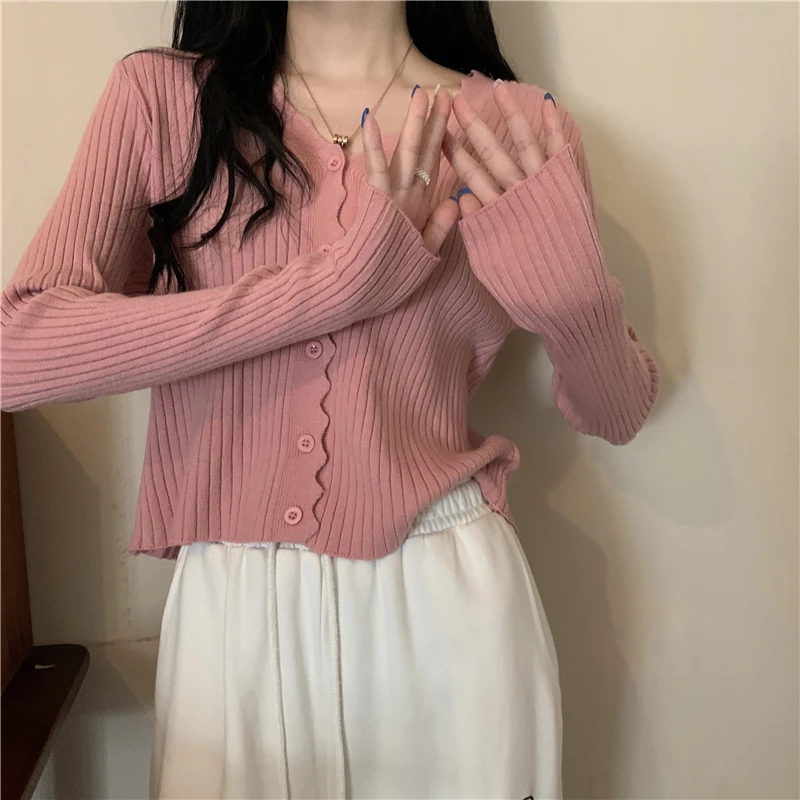 Women Wave V-Neck Button-Front Knit Cardigan Spring Autumn Long Sleeve Sweater Top Korean Style Fashion Slim Fit Black Pink Top