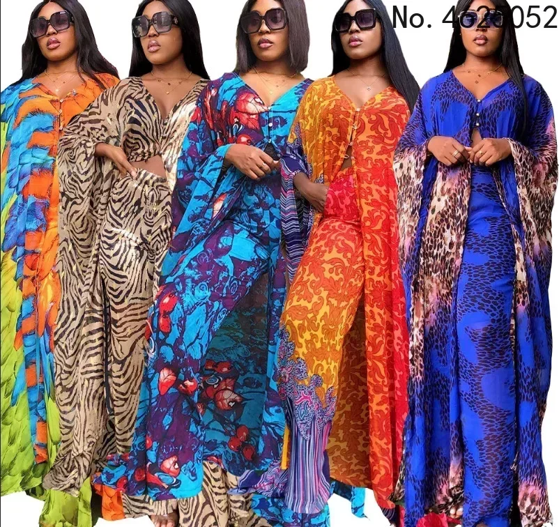 2025 New African Robe for Women Print Chiffon Cardigan Loose Pants 2pc Suit Ladies Fashion Clothing Sets Summer Bohemia Dashiki