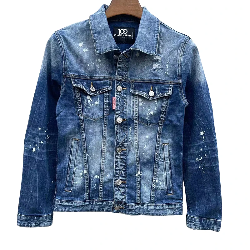 

100 CHAREI HARPER 1902 Autumn/Winter fashion men's denim coat jacket Ripped patch paint point long sleeve denim coat trend