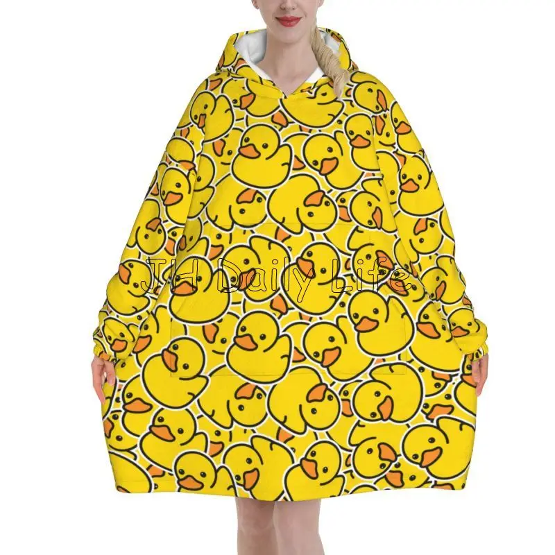 Giyilebilir Battaniye Hoodie Sarı Karikatür Ördekler Büyük Boy Tişörtü Battaniye Sıcak Rahat Flanel Polar Sherpa Cepler ile Battaniye