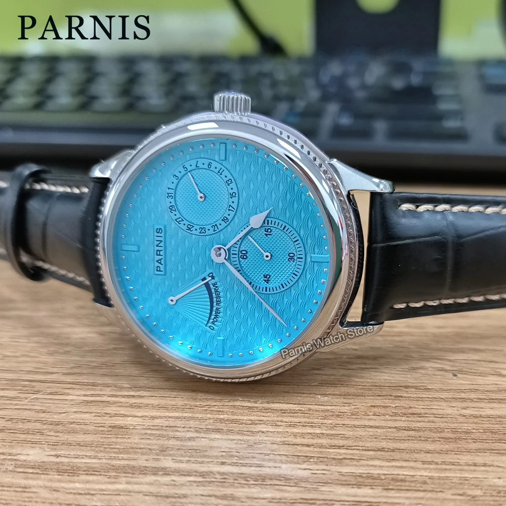 Parnis 42mm Silver Case Blue Dial Automatic Mechanical Men's Watch Power Reserve Calendar Sports Men Watches