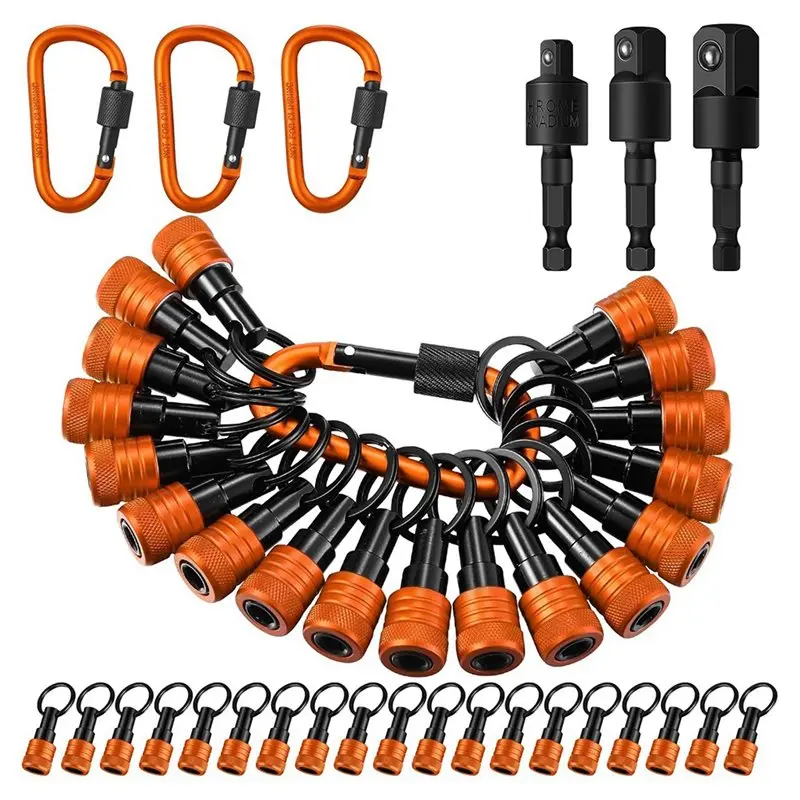 

A74E-18Pcs Bit Holder Keychains,1/4 3/8 1/2In Socket Drill Nut Bit Holders Portable Hex Shank Screwdrivers Adapters And Lock