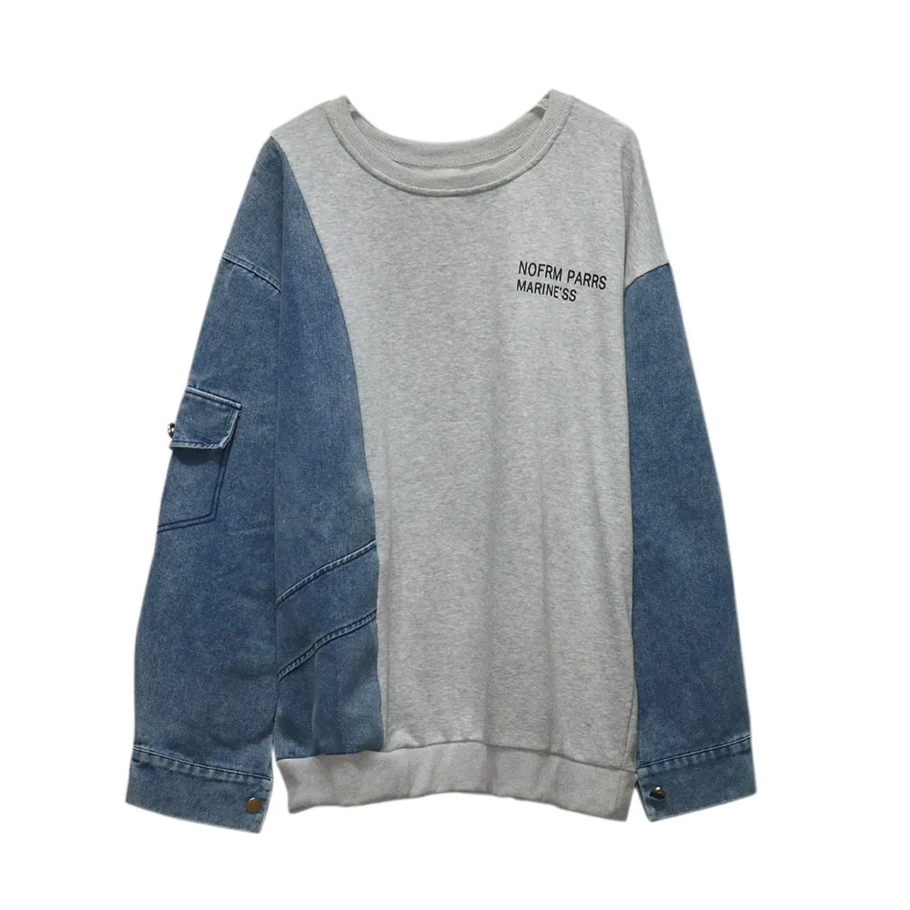 241006 Sweatshirt Vintage Women Patchwork Pullovers Casual Streetwear Letter Print Contrast Color Denim Splicing Tops Autumn