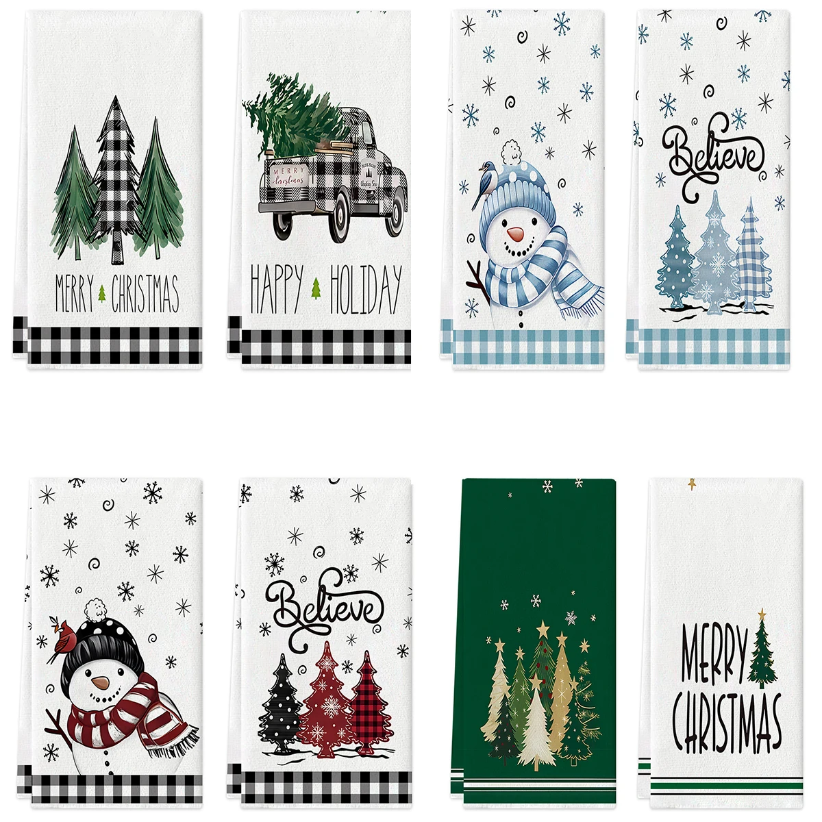 2pcs Christmas tree and snowman patterned towels, available in various styles for versatile use in kitchens and living rooms