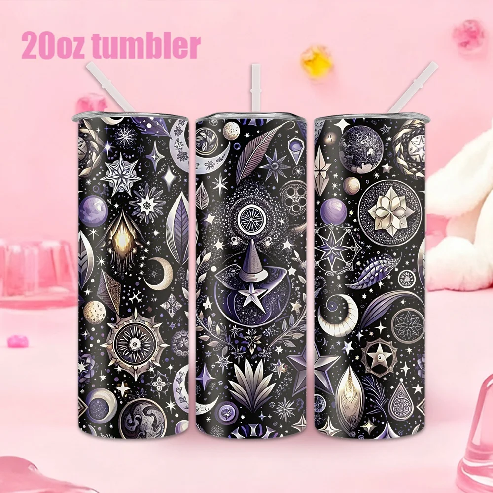 1pc Stainless Steel Water Bottle/Cup with Starry Sky & Magic Pattern (20oz / 591ml) — With Straw