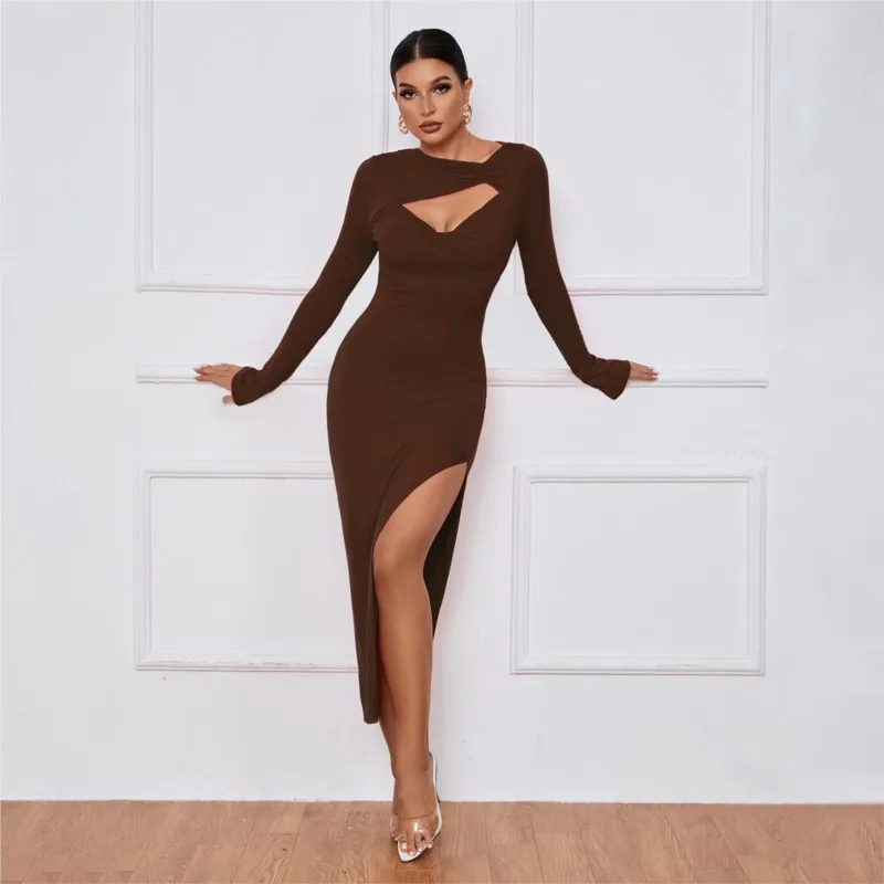 

Women's Long Dress Slim-fit Hip-hugging Tight Skirt Sexy Slit Long-sleeved Soild Color High Waist Hollow Out Elegant Ropa Mujer