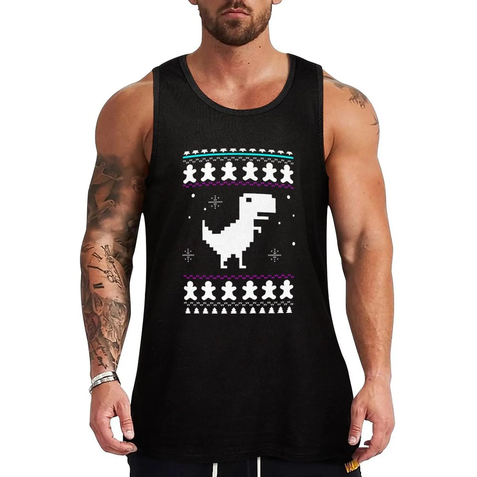 

8-Bit Dinosaur Christmas Jumper, Dino Xmas Ugly Sweater Tank Top Work Gear Tank Top Utility Durable Sleeveless
