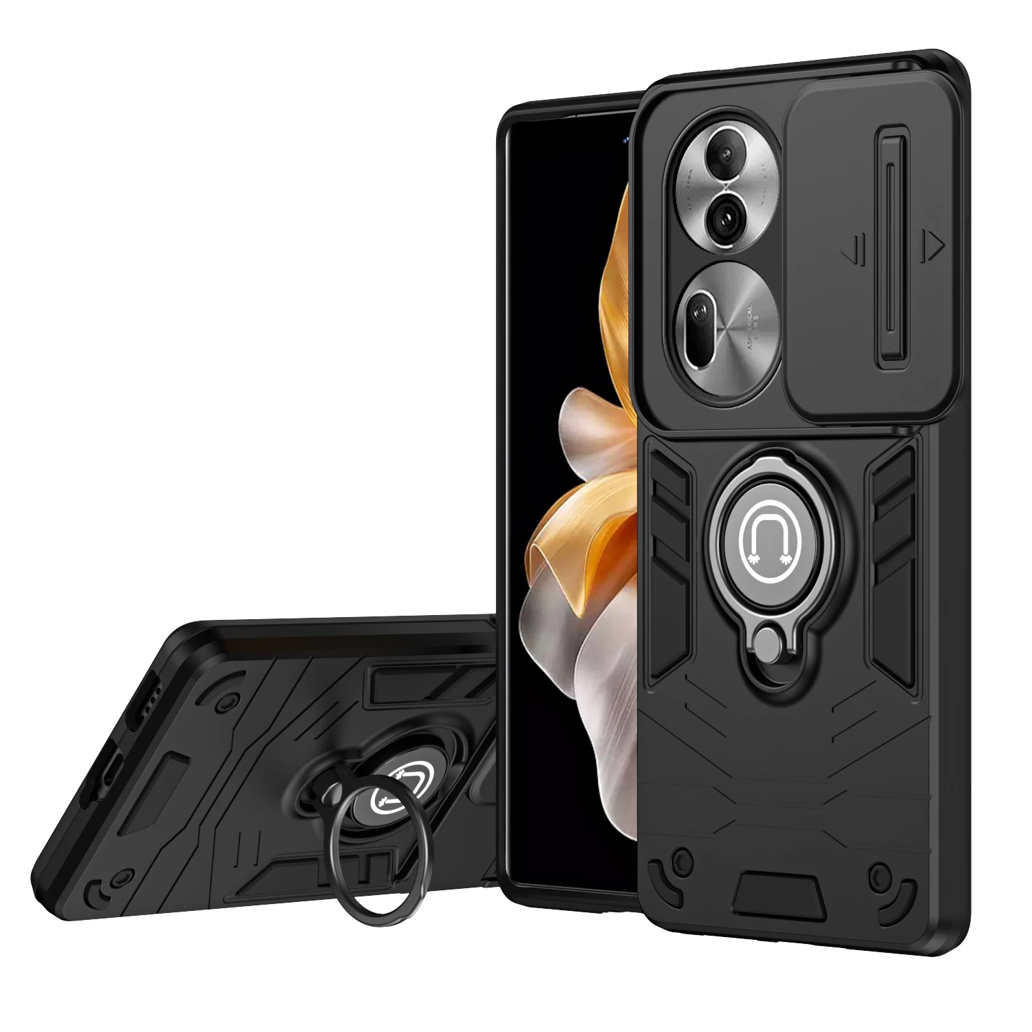 

Armor Case for Oppo Reno11 10 8 7 Pro Plus 5G Global Slide Camera Lens Car Mount Magnetic Ring Holder Shockproof Hard PC Cover