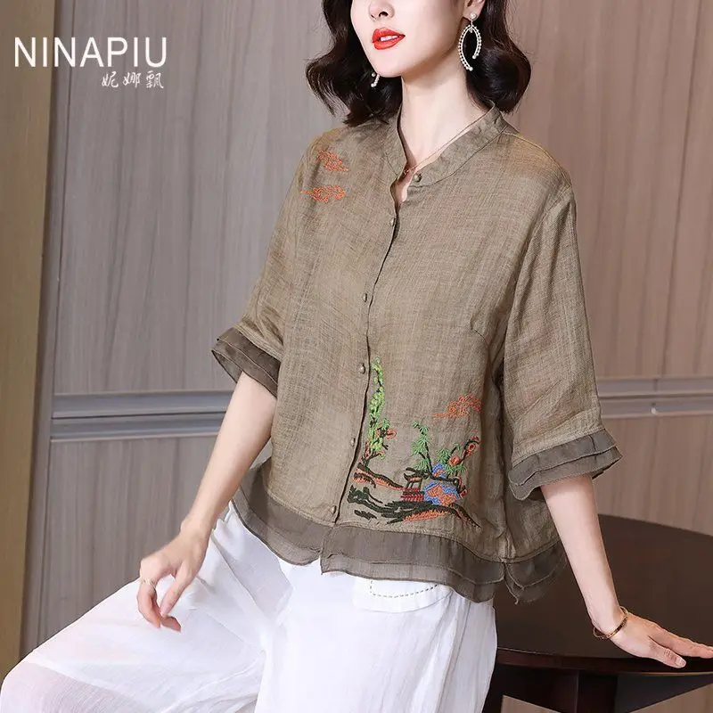 Retro Ramie Embroidered T-shirt Women Ethnic Style Summer Clothes Loose Small Stand Collar Top Chic Cardigan