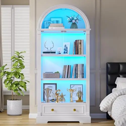 Arched Display Cabinet with Glass Doors, 72" Tall Curio Cabinet with Human Sensor Lights, 4-Tier Glass Display Case for
