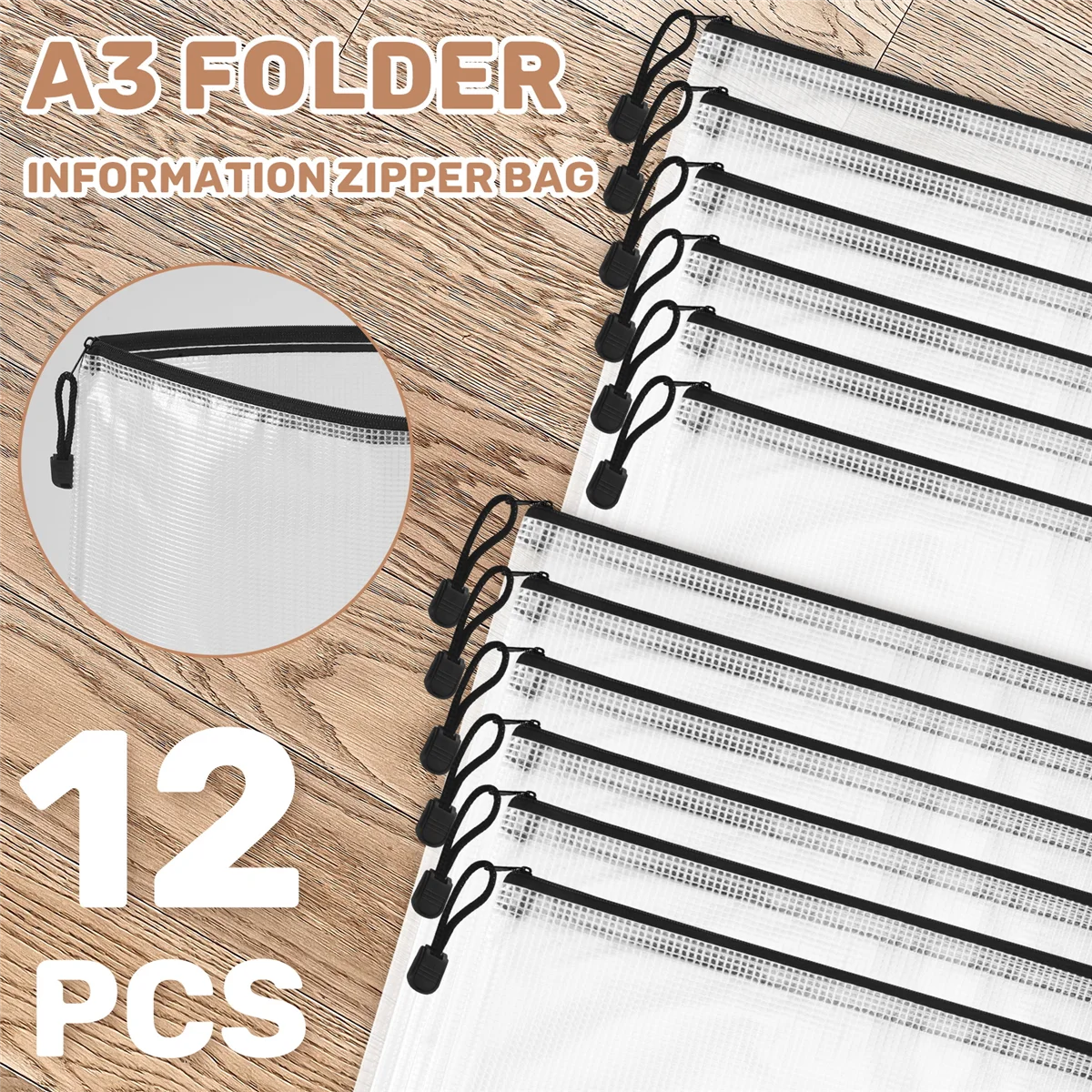 12 قطعة مجلد A3، حقيبة معلومات بسحاب، محفظة بلاستيكية، حقيبة ملفات شبكية، حقيبة بسحاب، محفظة بسحاب-ROWI