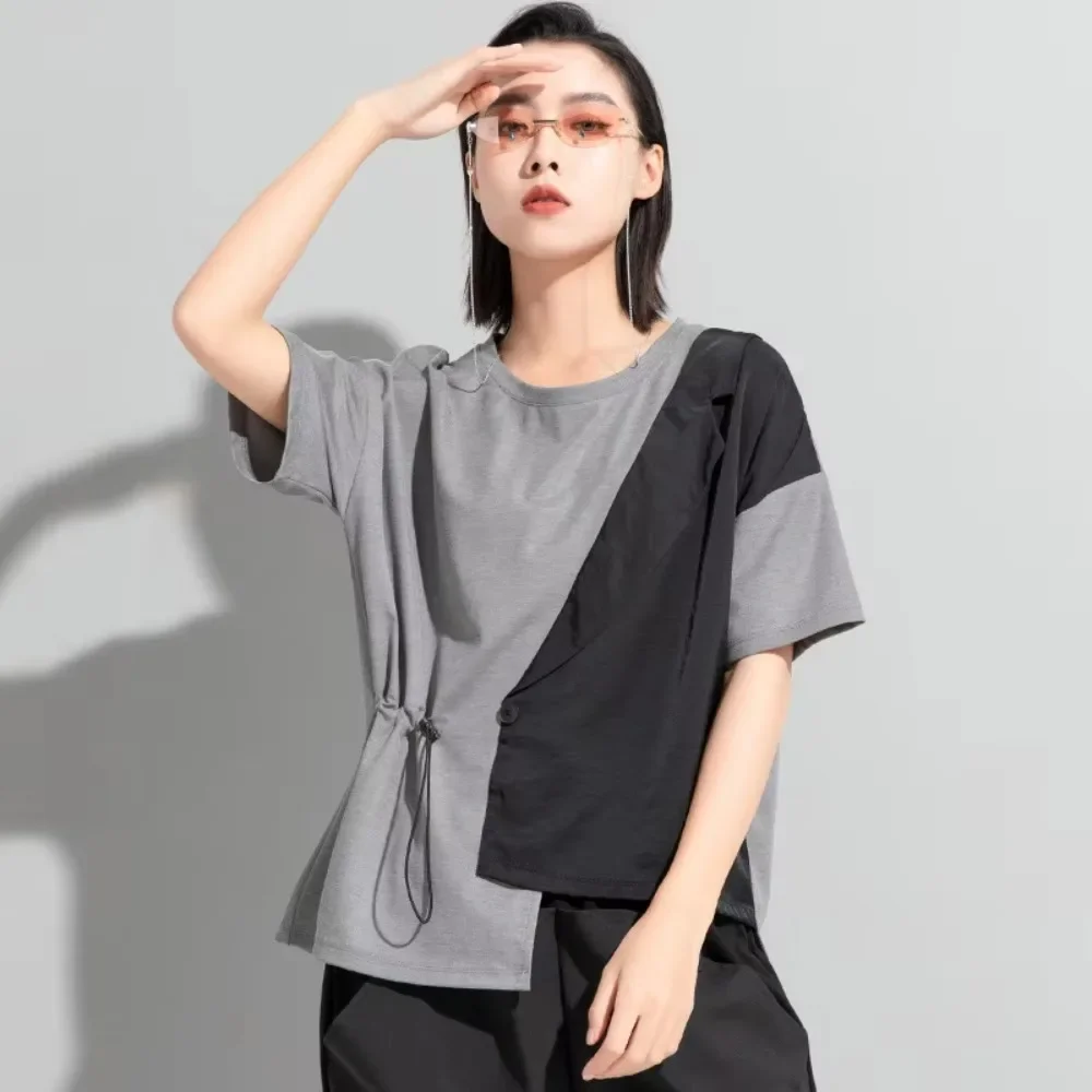 Women Dark Style Spliced Asymmetric Lapel Fake Two-Piece T-Shirt Short Sleeve Top Streetwear Chic Ladies Blouse
