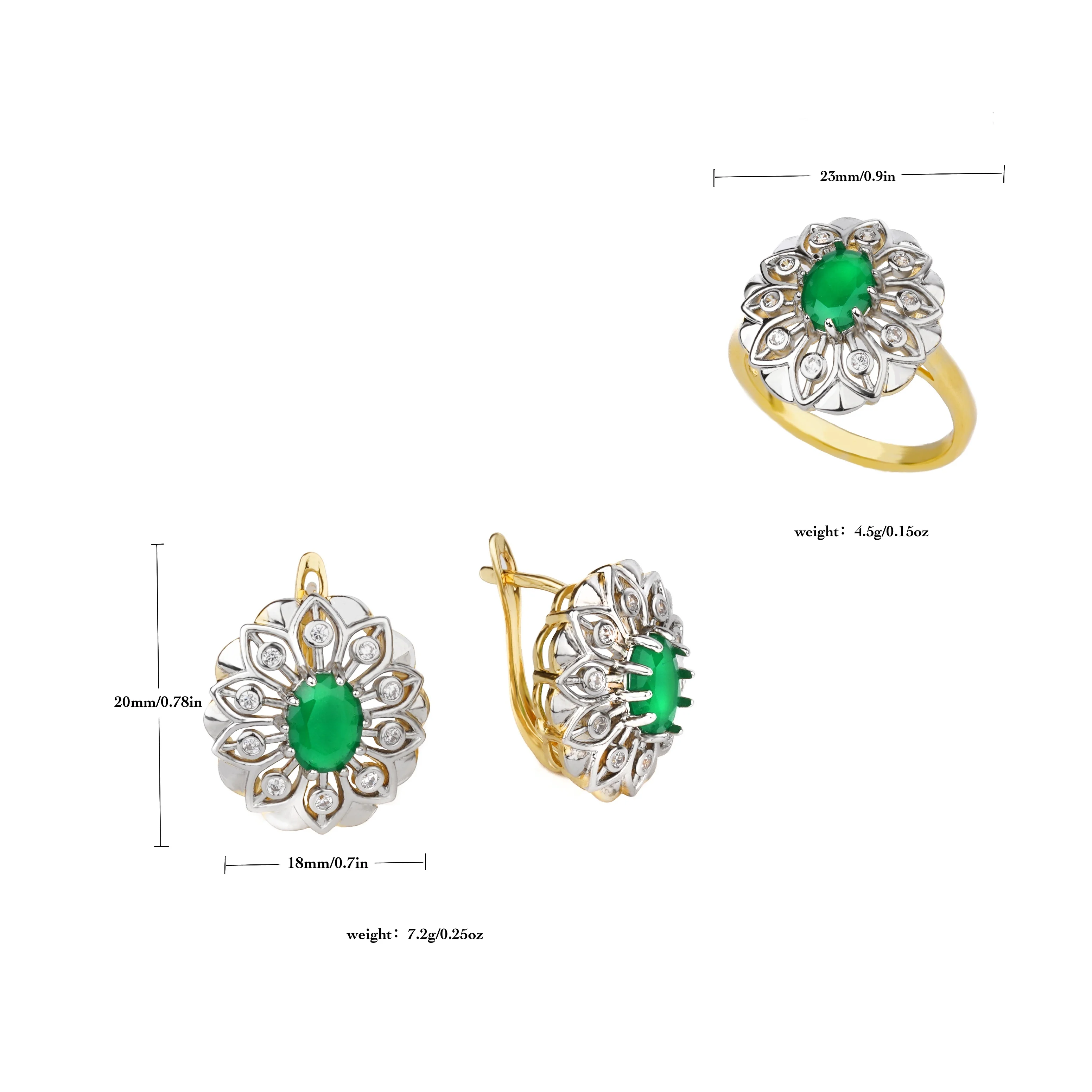 Floral Style Inlaid Main Green Zircon Fashion Jewelry Sets Women's Earrings Ring Copper plating 2 Color 14K Gold For Luxury Gift