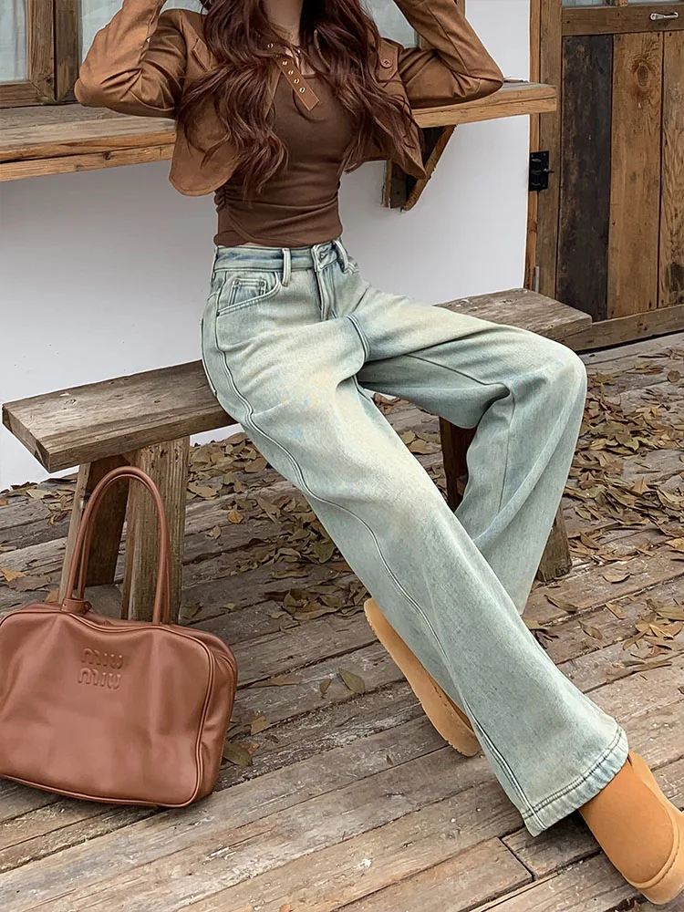 Retro americano fce forrado perna larga jeans feminino cintura alta versátil emagrecimento solto drapey calças de corte reto