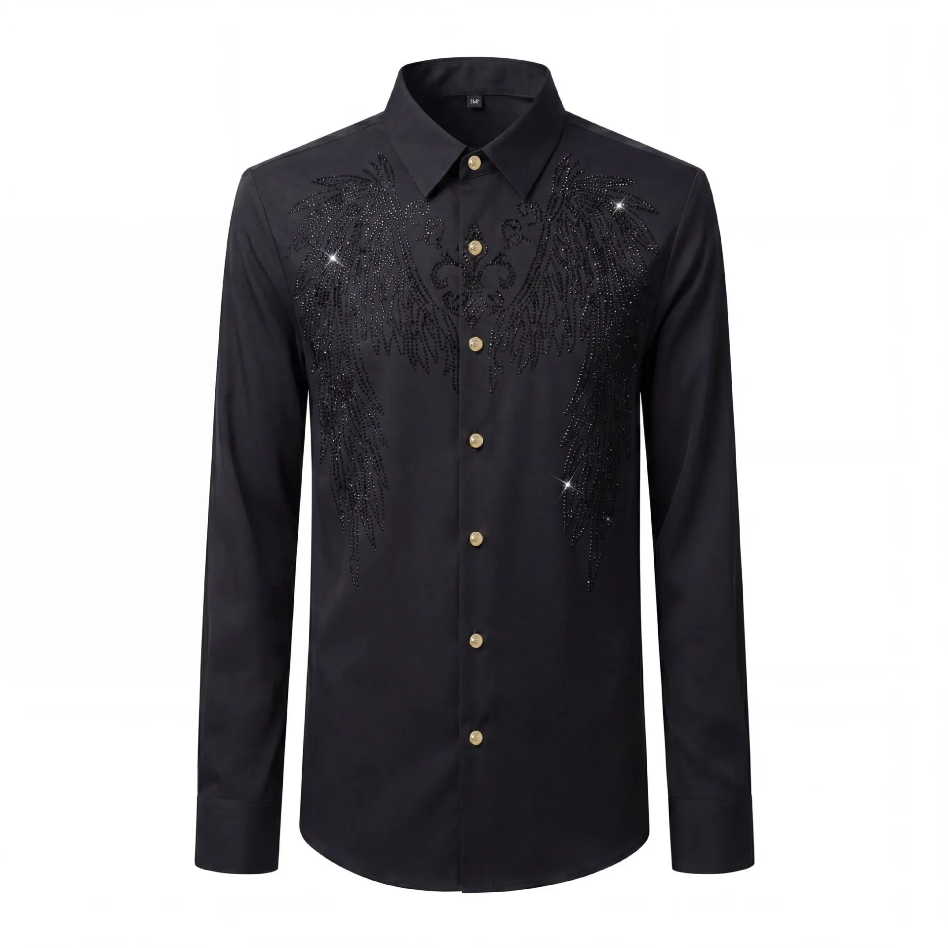 Luxury Winged Rhinestone Shirt Men Golden Button Casual Business Formal Shirts Long Sleeve Social Banquet Party Stage Costumes