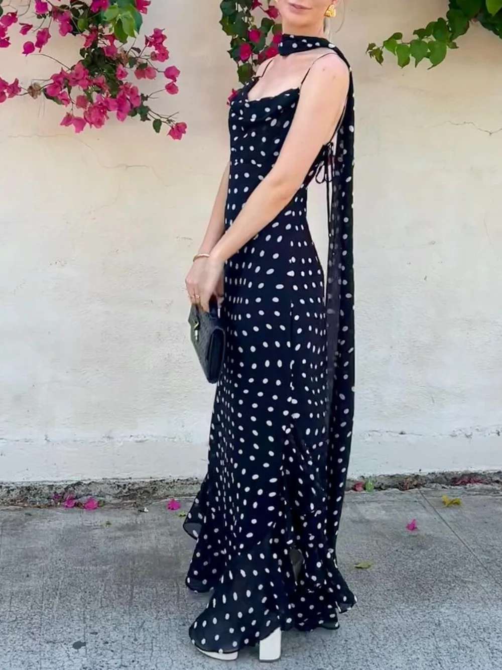 Sexy Club Fashion Women Dress Polka Dot Sleeveless Scarf Neck Backless Zipper Long Ruffle Dress New Fashion 2025 Summer Dress
