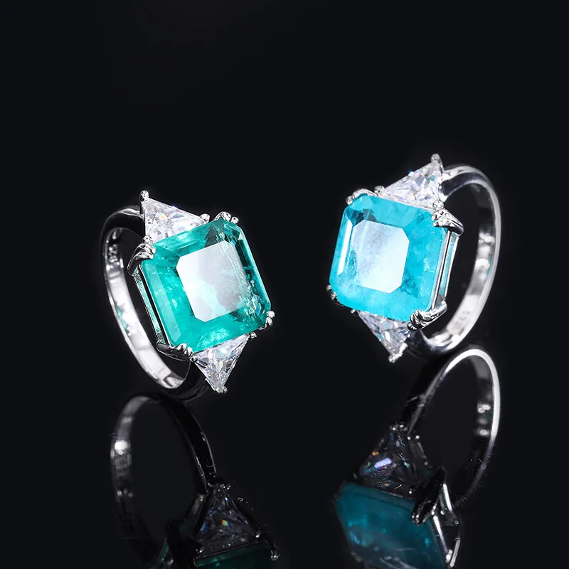 Jewelry S925 Silver European and American Wood Zao Green Emerald Paraiba Women's Ring Square Shape