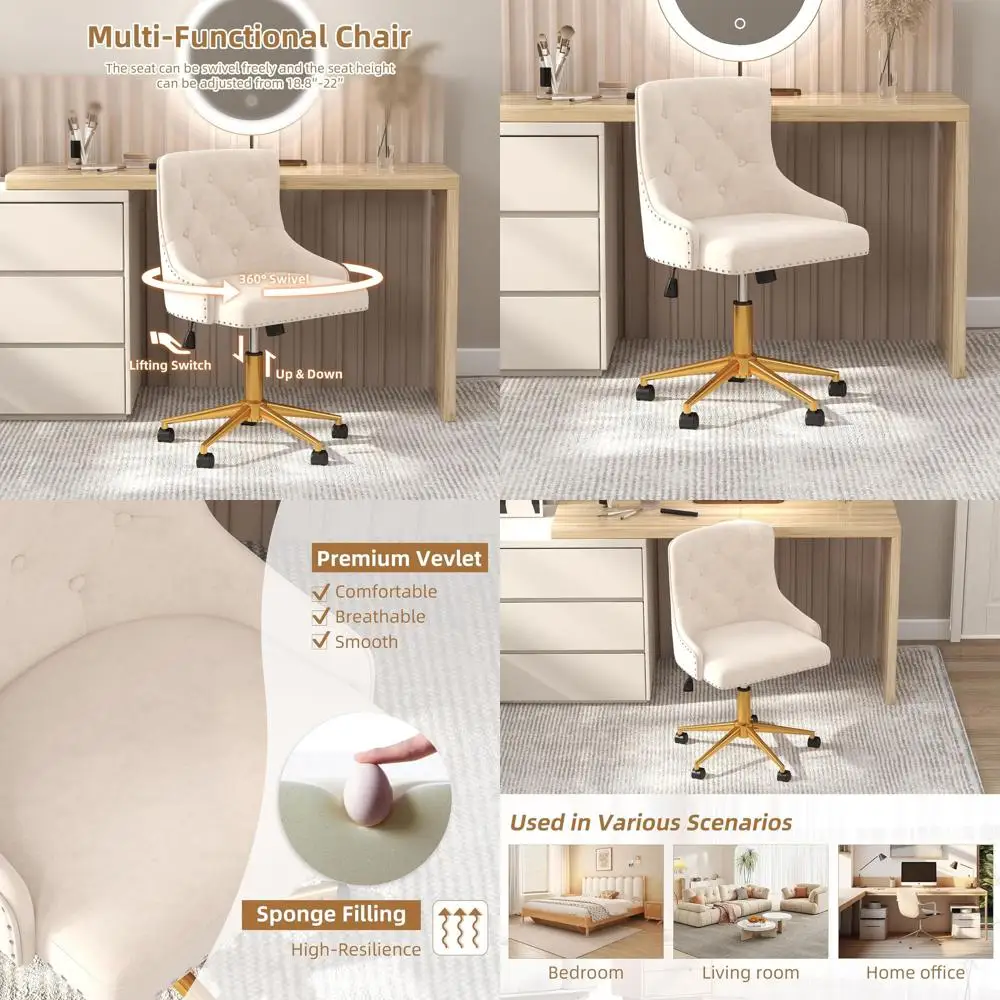 

Upholstered Swivel Vanity Chair with Tufted Back, Adjustable Height, Gold Base & Wheels, Beige for Bedroom, Living Room