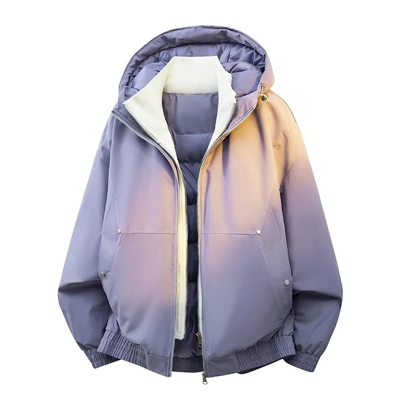 Outdoor Hooded Padded Puffer Coat Men Women Rib Collar Zip Up Loose Elastic Hem Windproof Parkas Winter Thick Warm Puffer Jacket