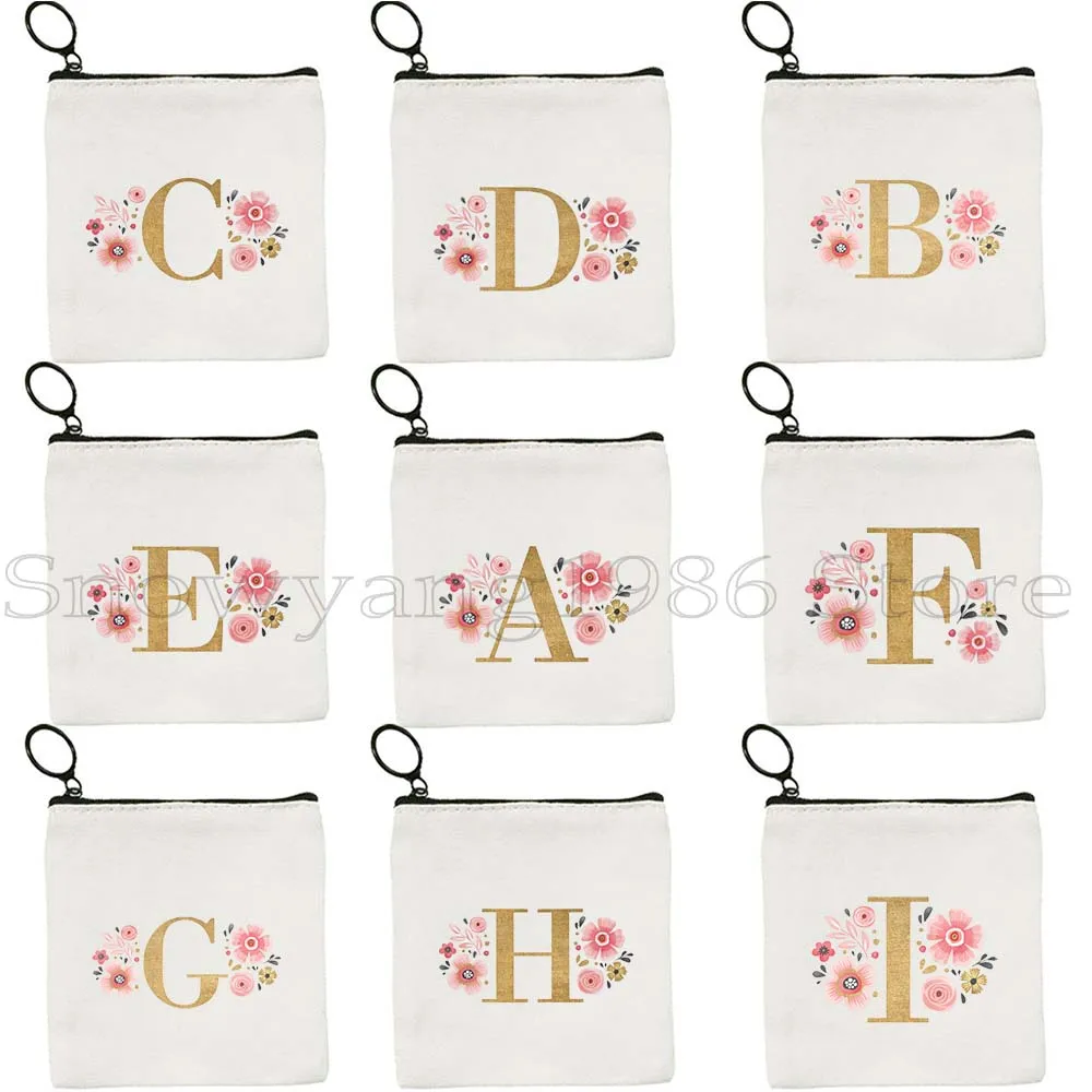 

Elegant Girly Gold Floral Monogram Initial Letter Flower Pink Roses Canvas Key Coin Purse Case Lipstick Bag Wallet Zipper Pouch