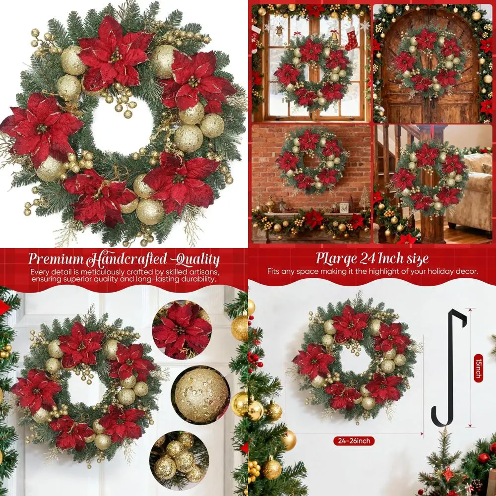 

24 Artificial Holiday Wreath with Red & Gold Berries, Pine Needles, Ideal for Indoor/Outdoor Christmas Door Decor