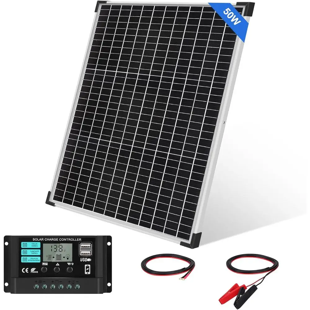 50W Solar Panel Kit with 12V/24V 10A PWM Charge Controller High Efficiency Monocrystalline Solar Panel for Roof RV Boat Farm Cam