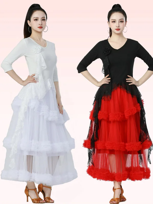 slim-fit-dance-top-for-women-v-neck-lace-splice-long-sash-elastic-modale-fabric-five-sleeve-square-dancing-uniform