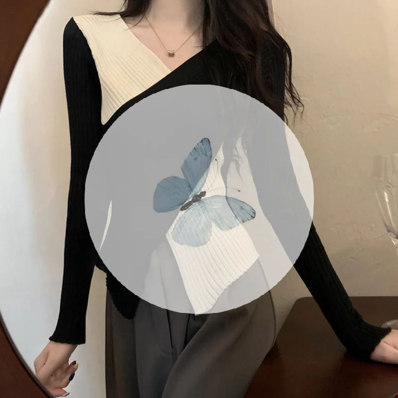 

Осень 2023, новый вязаный низ с v-образным вырезом, женский свитер, тонкий короткий топ