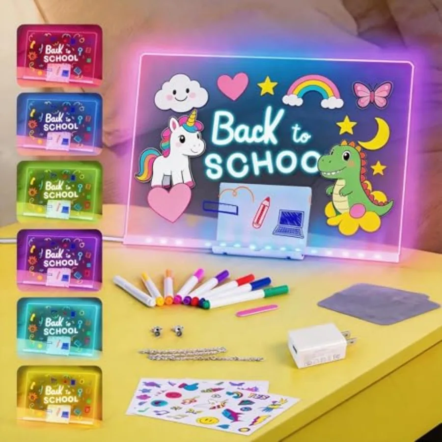 

LED Drawing Board,,Acrylic Note Board with Colors, Include Adapter, Acrylic Dry Erase Pad with Light 4 Modes and 7 Colors, 8 Ma