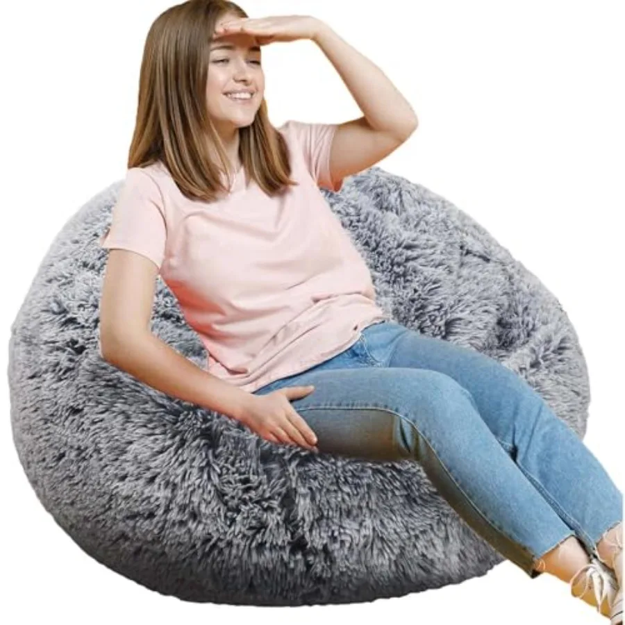 

Fluffy Bean Bag Chair 3Feet Round Memory Foam Filled Bean Bag for Teens and Ultra Soft Faux Fur Fabric Bean Bag Chairs for Play