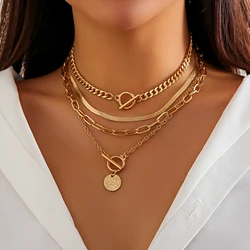 Vintage Multilayer Coin OT Buckle Pendant Choker Necklace for Women Trendy Collar Punk Flat Snake Chain Aesthetic Jewelry Gift