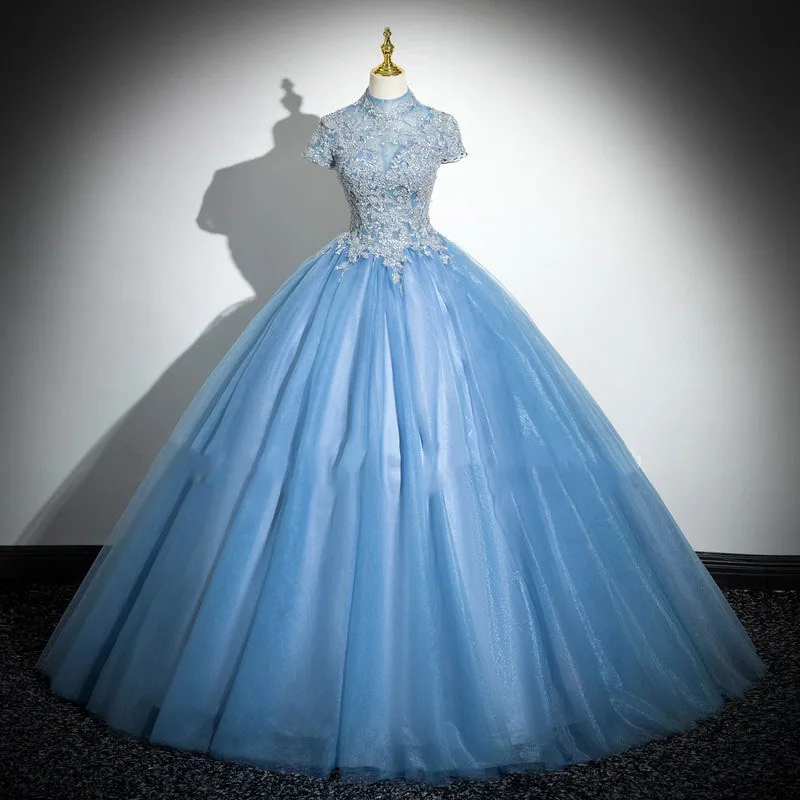 Blue 2026 New Spring Quinceanera Dresses High Neck Short Sleeves Slimming Temperament Evening Gowns Plus Size Vestido De Novia