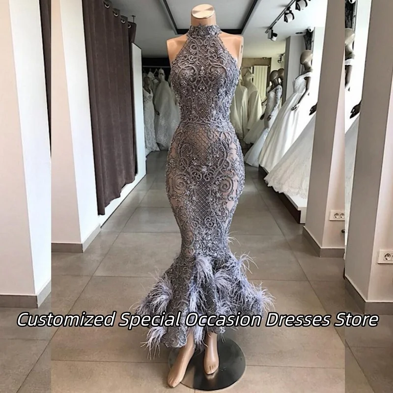 

Silver High Neck Sleeveless Evening Dresses Exquisite Lace Applique Luxury Feather Customized Midi Dress Prom Gowns Customized