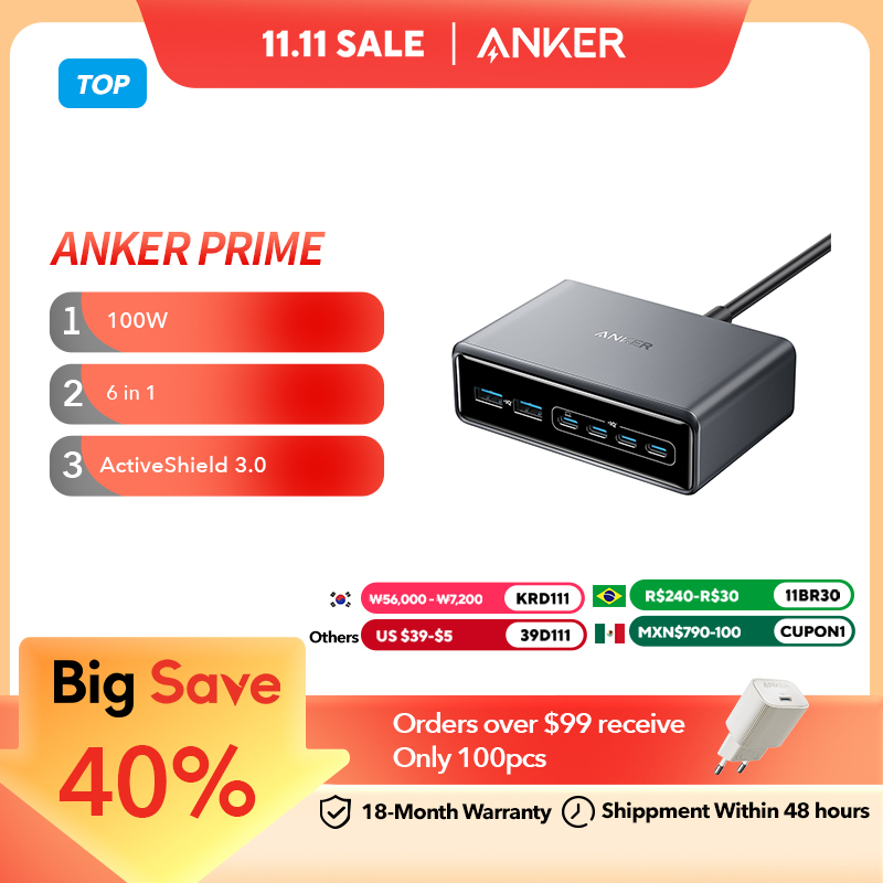  Anker Prime Charger 200 W 6 Ports GaN Charging Station USB-C PD Desktop Charger with Quick Charging, Compatible with iPhone 
