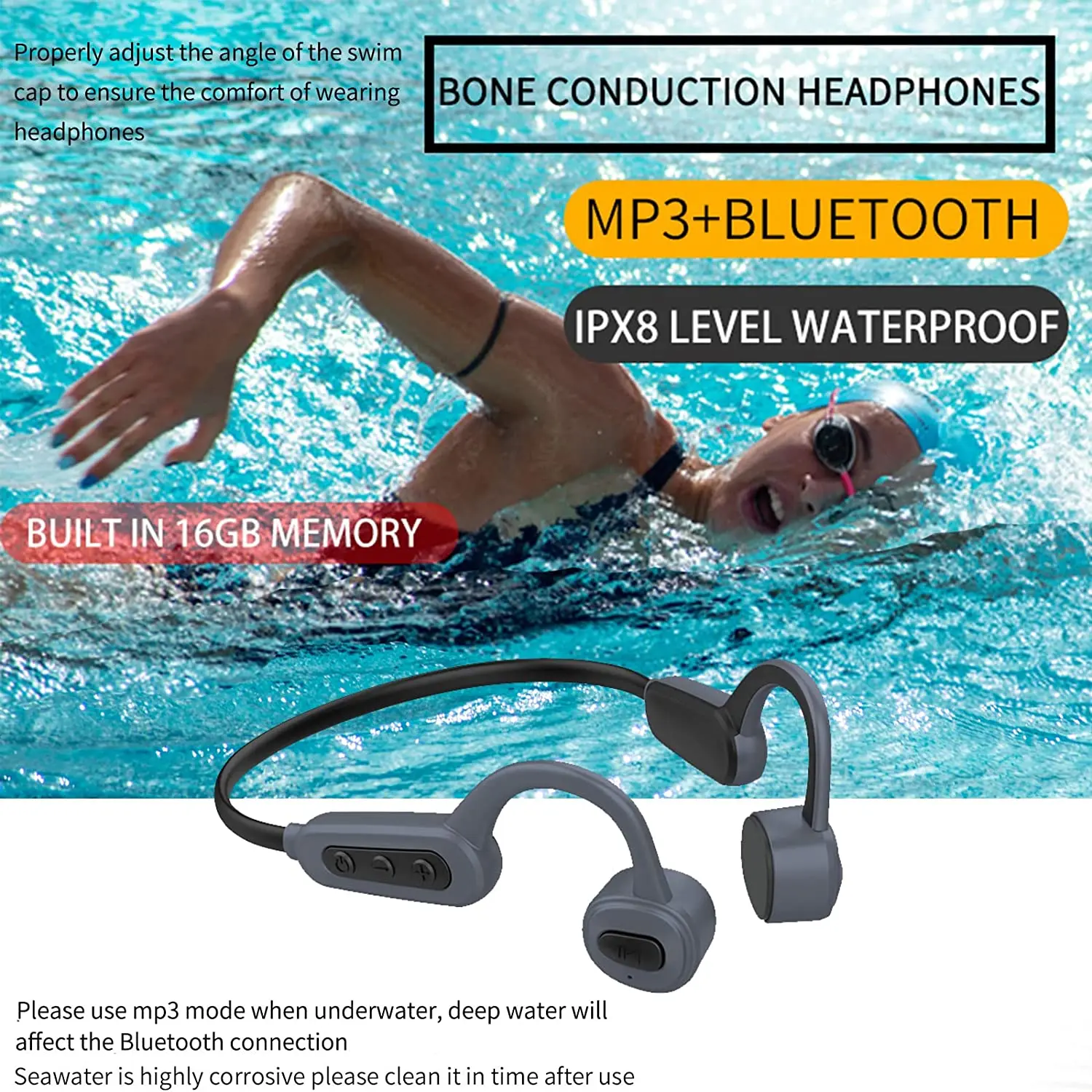 2022new Bone Conduction Swimming Headphones Bluetooth 5.0 IPX8 Waterproof Built-in 16GB Mp3 Player Wireless Headphones with Mic