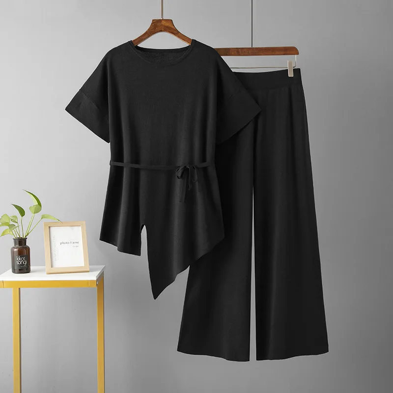 2 Piece Set Women Knitting Top Wide Leg Pants Suit Irregular Round Neck T Shirt Lace Up 2025 Summer Knitted Trousers Outfits