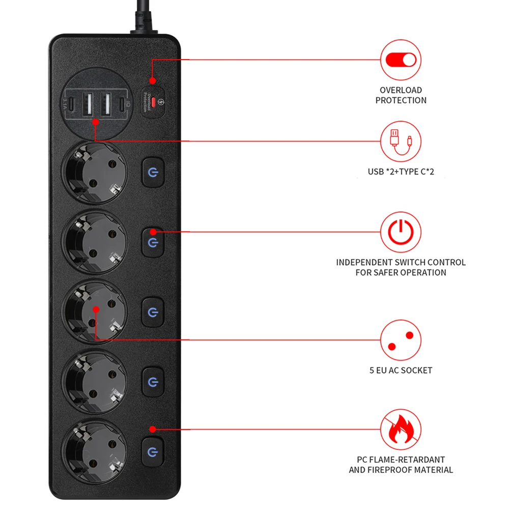 EU Power Strip Overload Protection With 2USB-C 2USB Port Control Switch Multiprise Network Filter Individual Switch For Home