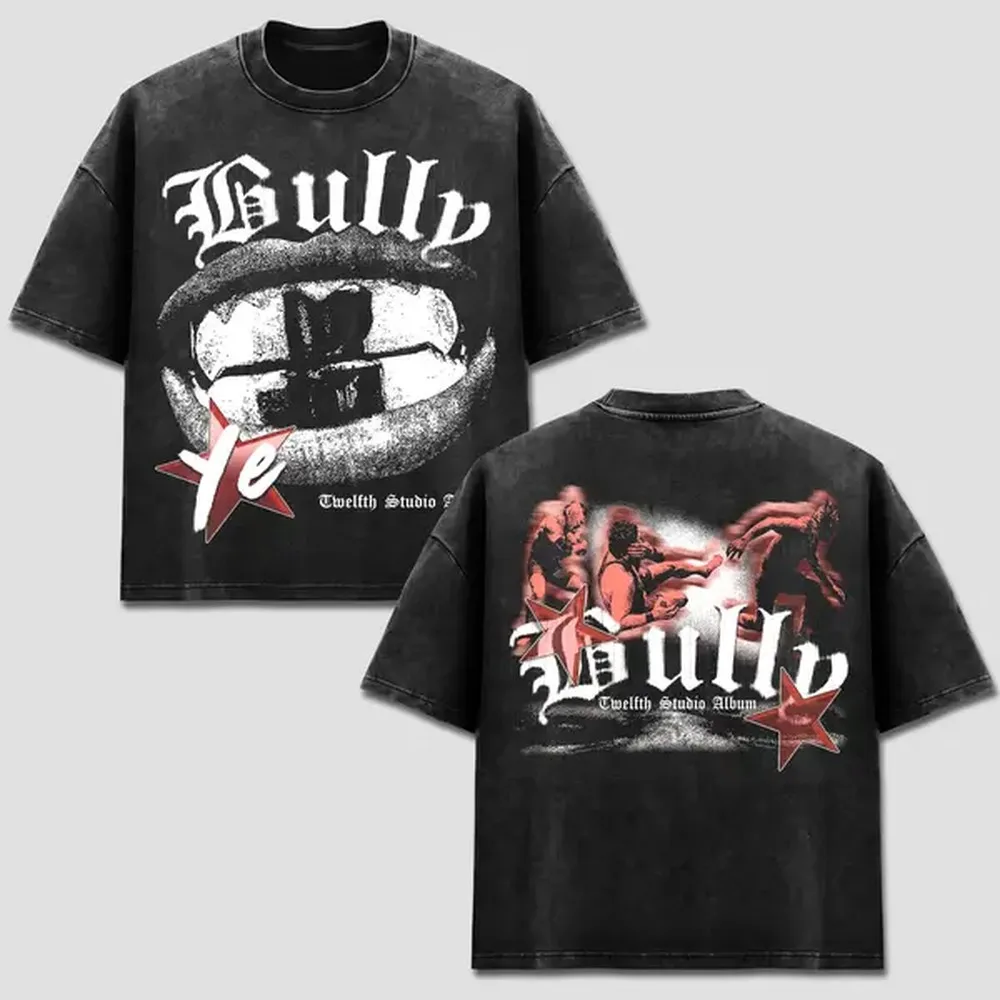YE Bully Album Tee, YE Gothic Graphic Top, Bully Tour Merch, Vintage Bootleg Rap Style Gear, Retro Acid Washed Apparel, US Unisex Casual Oversized Heavyweight Outdoor Washed Black Sportswear Clothing Top Wear