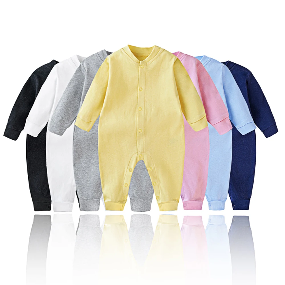 Newborn Baby Romper Long Sleeve Cotton Jumpsuit Solid Color Front Button Closure Onesie Soft Playsuit Infant Boys Girls Clothes