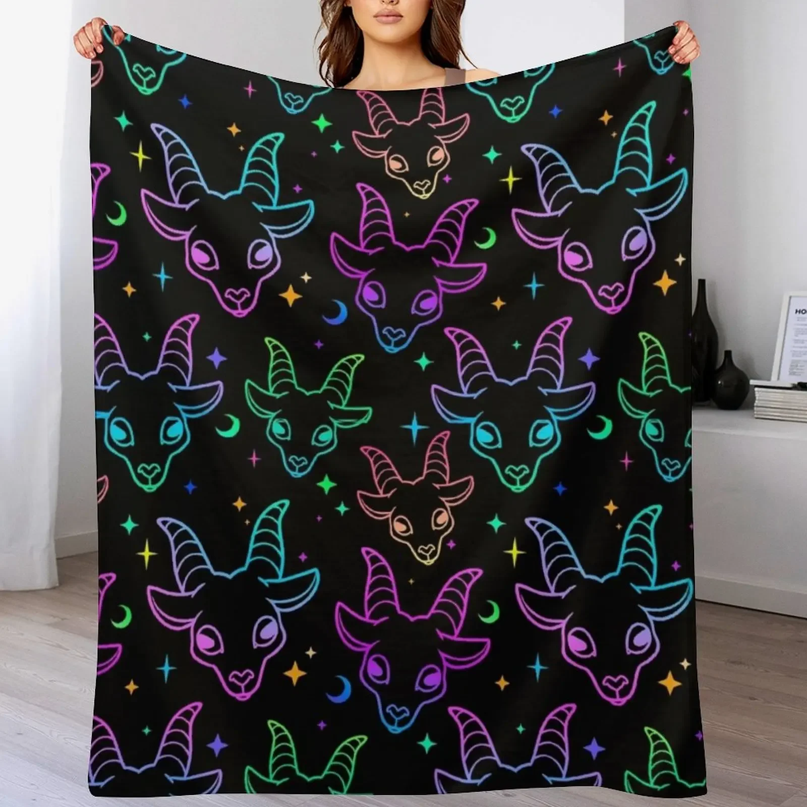 

Little Baphomet/Pastel Goth /Kawaii Pastel /Creepy Cute/ /Black and Pink/ Skulls and Bats Throw Blanket Plush Blankets