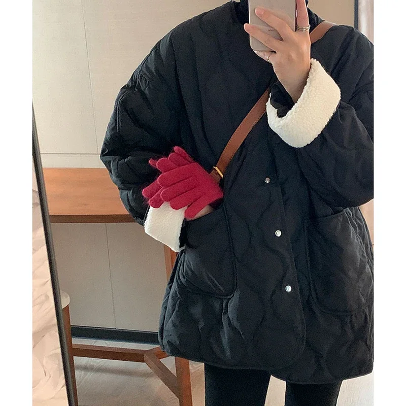 HELIAR Women Thickened Warm Lambswool Parkas Long Sleeve Office Cotton-padded Jacket Zipper Solid Casual Jacket Autumn Winter