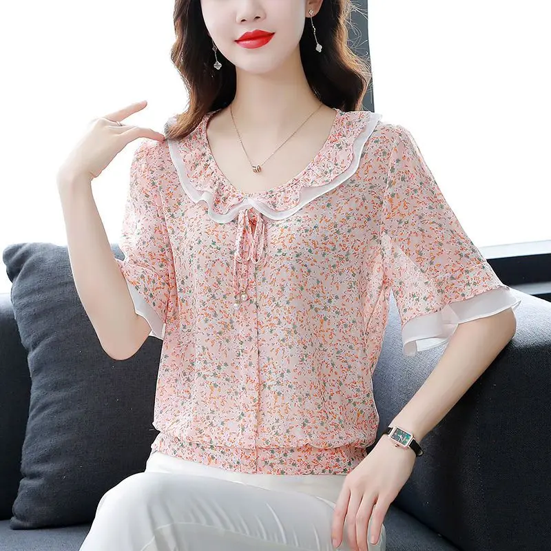 2023 Summer New Loose Fit Lacing Pullover Women\'s Blouse Fashion Round Neck Patchwork Ruffles Fragmented Printed Chiffon Shirt