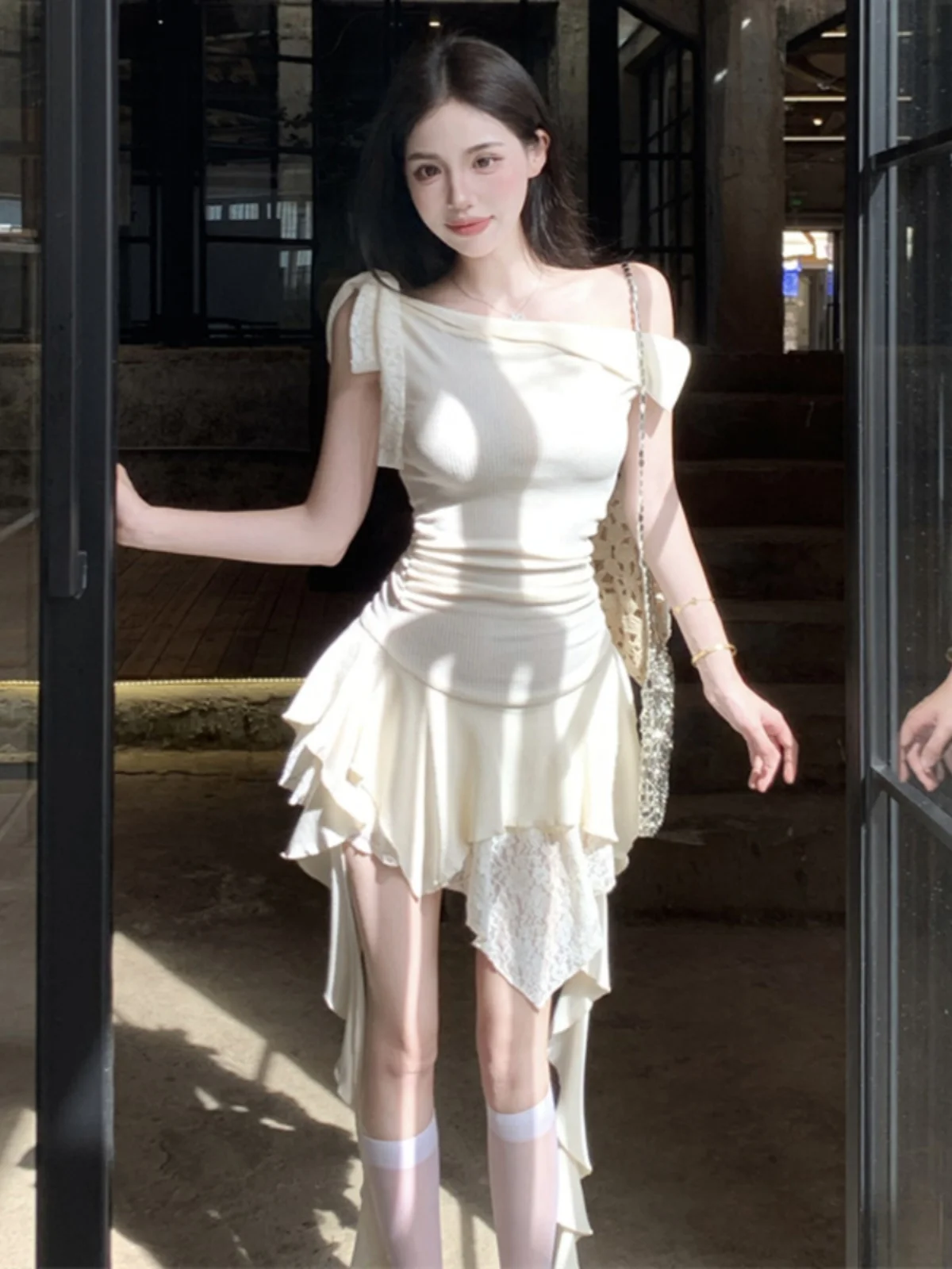 

Summer Beautiful Side Shoulder Dress Vacation Style Hot Girl Unique Design Beach Holiday Short Sleeve Women's Midi Dress