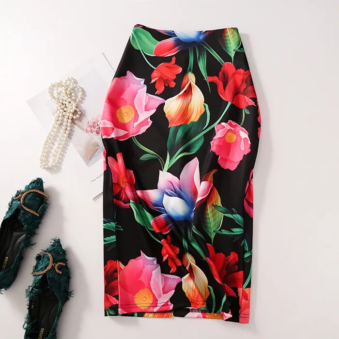 

Fashion Women Elastic High Waist Pencil Skirts Midi Skirt Women Printed Women Pencil Skirts High Stretch Floral Print Midi Skirt